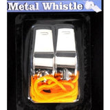 Set of two silver metal whistles for sports, referees, lifeguards, and costume accessories.