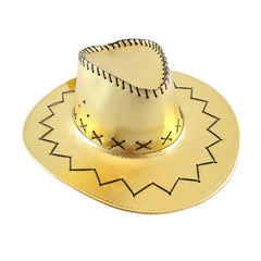 Metallic gold cowboy hat with black leather trim and chin cord – adult party costume hat