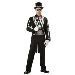 Mexican Day of the Dead Graveyard Groom - Hire, Mens skeleton print vest, tailcoat with decorative lapels and bone print on sleeves. Foam top hat with drop down DOD mesh face mask.