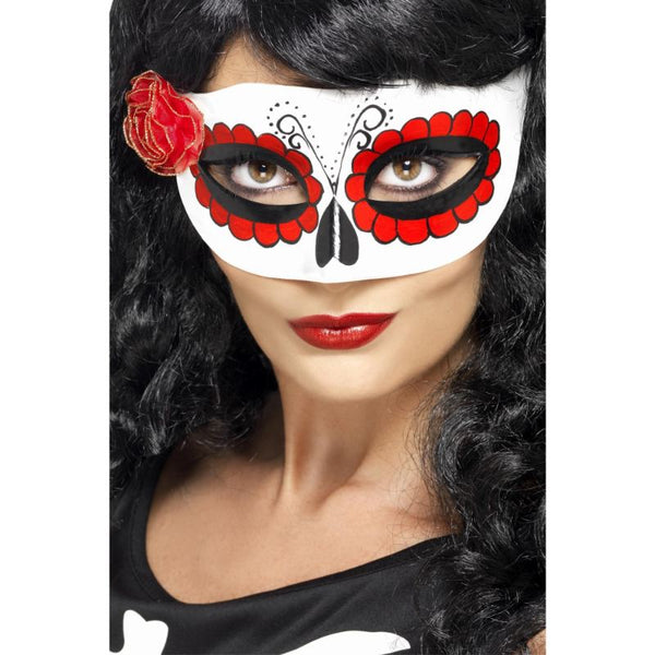Mexican Day of the Dead eye mask in white and red with black painted patterns and ribbon rose
