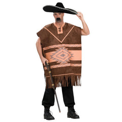 Brown Mexican-style adult poncho with fringe and tan pattern – Dr Toms