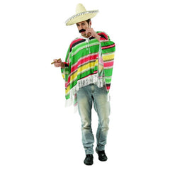 Green red and yellow striped Mexican poncho with fringe for adults