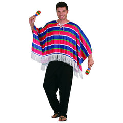Red and blue striped Mexican poncho with fringe for adults