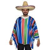A man wearing a Mexican-style costume poncho with colorful vertical stripes in blue, red, green, white, and black, paired with a straw sombrero, against a plain white background.