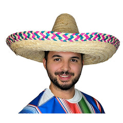 Natural woven Mexican sombrero hat with pink and teal decorative trim