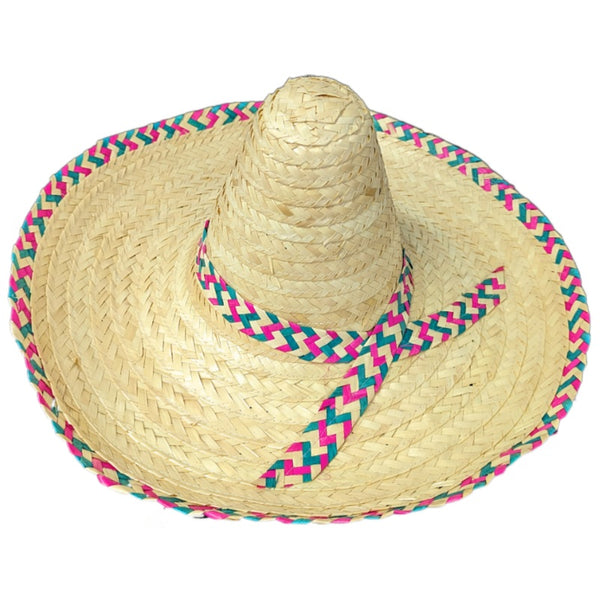 Natural woven Mexican sombrero hat with pink and teal decorative trim