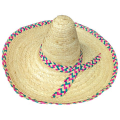 Natural woven Mexican sombrero hat with pink and teal decorative trim
