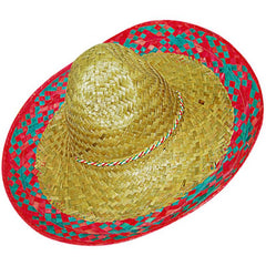 Natural woven Mexican sombrero hat with red and blue trim