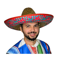 Natural Mexican sombrero with blue trim and chin string for adult fiesta costumes