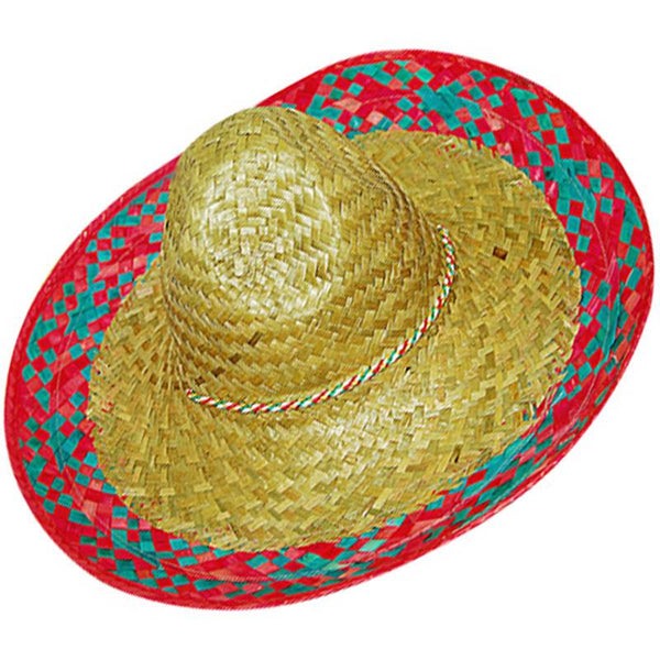 Natural Mexican sombrero with blue trim and chin string for adult fiesta costumes