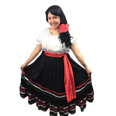 Mexican/Spanish Lady - Hire, includes black long skirt with ribbon trim with frill at hem, red sash and white peasant blouse.
