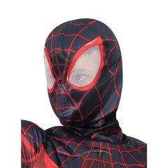 Miles Morales Deluxe Lenticular Costume - Child, black padded jumpsuit with red spider/web print plus headpiece is a snood with mesh eye holes.