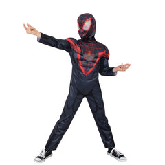 Child wearing an officially licensed Miles Morales deluxe lenticular costume for Book Week and superhero dress-up