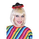 Mini Mexican costume hat with flower band and red pom pom trim, perfect for fiesta or cultural dress-ups