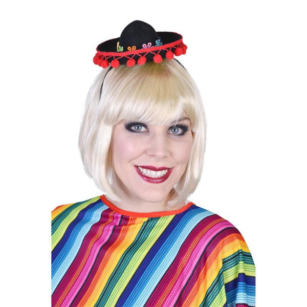 Mini Mexican costume hat with flower band and red pom pom trim, perfect for fiesta or cultural dress-ups