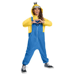 Child Minion costume jumpsuit from Despicable Me 4 with hood, sewn goggles, and 3D spiky hair