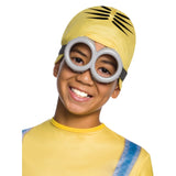 Minion dave child costume with headpiece printed hair, plastic eye goggles.