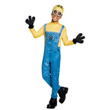 Minion Dave Child Costume, printed denium look jumpsuit attached yellow undershirt, headpiece with printed hair, black gloves.