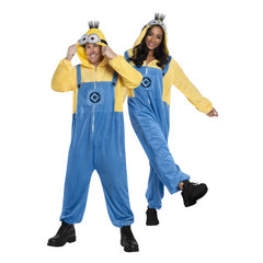 Front view of Minion Despicable Me 4 Adult Jumpsuit, a unisex hooded fleece onesie in yellow and blue, featuring an attached hood with eyes, goggles, and 3D spiky hair