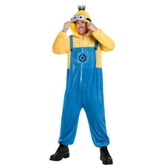 Front view of Minion Despicable Me 4 Adult Jumpsuit, a unisex hooded fleece onesie in yellow and blue, featuring an attached hood with eyes, goggles, and 3D spiky hair