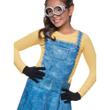 Minion female child costume, dress with attached shirt, pleated skirt, goggles and gloves.