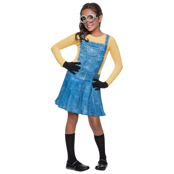 Minion female child costume, printed denium look dress with attached yellow undershirt, goggles, socks  and gloves.