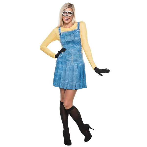 minion female costume, denim look dress yellow underskirt.