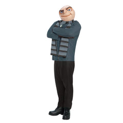 Adult Gru costume with oversized mask, black shirt, pants, and striped scarf