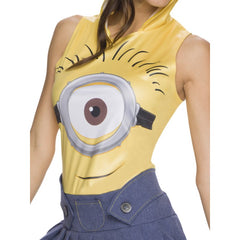 Minion Stuart Adult Costume, printed sleeveless dress with attached hood and attached pleated skirt.