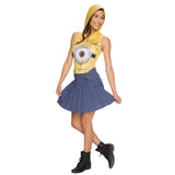 Minion Stuart Adult Costume, printed sleeveless dress with attached hood and attached pleated skirt.