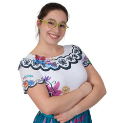 Mirabel adult costume with printed floral dress and green glasses