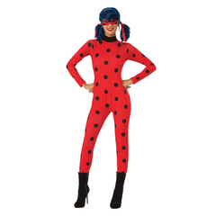 Adult Miraculous Ladybug costume with red jumpsuit and black polka dots, including mask