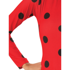 Adult Miraculous Ladybug costume with red jumpsuit and black polka dots, including mask
