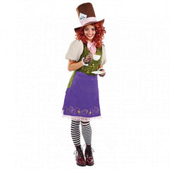 Women’s Miss Hatter costume with dress, lace gloves, tall top hat, and neckpiece – perfect for Book Week, tea parties, or TV and movie themes.