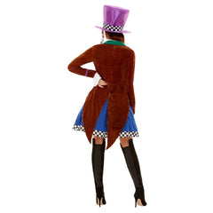 Miss Hatter Multi-Coloured Adult Costume, brown jacket with tails attached check vest, blue skirt with check hemline, purple hat with 10/6.