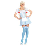 Woman wearing Miss Muffet blue check dress with adjustable bodice