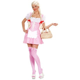 Person wearing a pink and white costume with a skirt and stockings on a white background