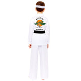 Miyagi do karate childrens costume, white robe and pants, black belt with headband and logo on back.