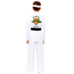 Miyagi do karate childrens costume, white robe and pants, black belt with headband.
