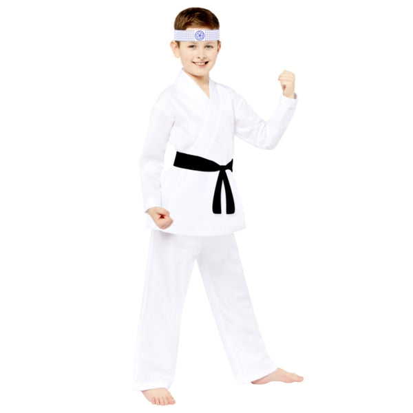 Miyagi do karate childrens costume, white robe and pants, black belt with headband.