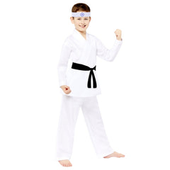 Miyagi do karate childrens costume, white robe and pants, black belt with headband.