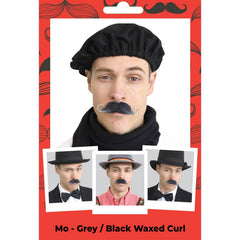 Grey and black curled waxed moustache costume accessory