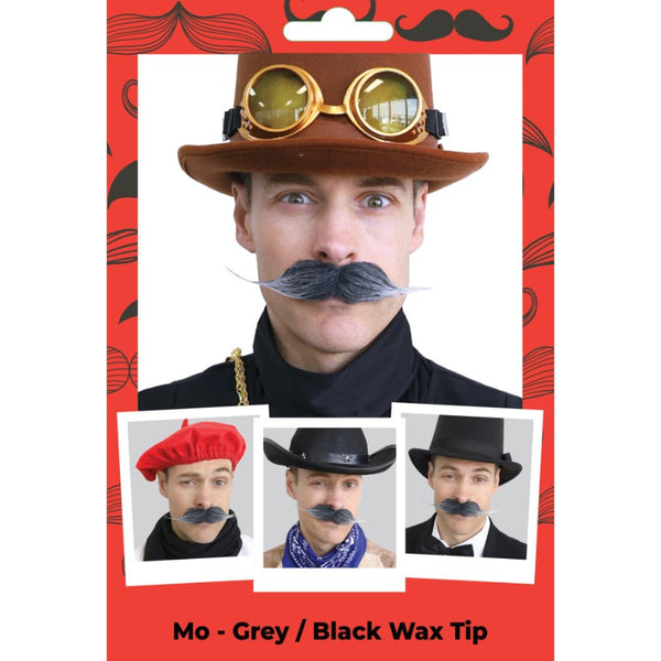 Grey and black English-style waxed tip moustache from Dr Toms