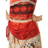 Moana Deluxe Adult Costume – view showing the short-style printed top and top section of the layered skirt with attached sash for a detailed island-inspired appearance.