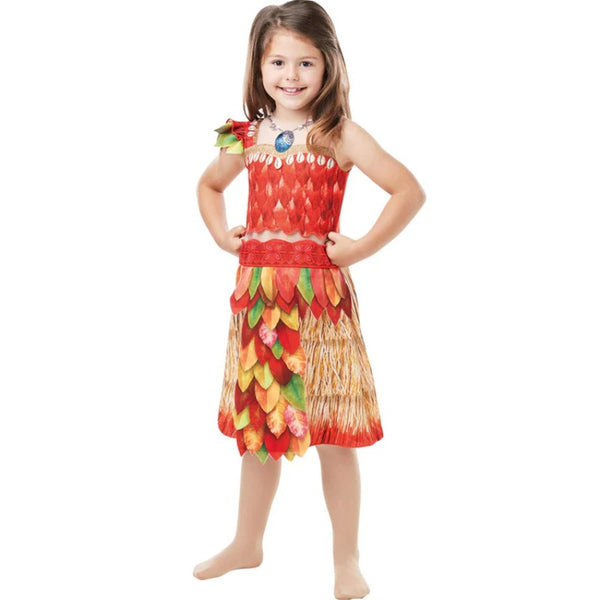 Moana Epilogue Deluxe Costume - Child, printed top and skirt with leaf panelling on skirt and shoulder.