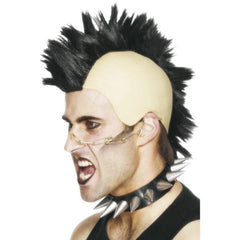 Mohican black wig with latex bald cap and spiky black strip for punk or rock costumes