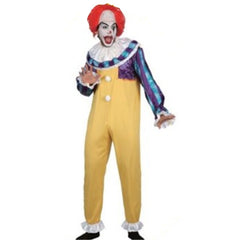Front view of yellow Money Wise Clown Costume with attached collar – adult Halloween jumpsuit.