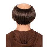 Back view of brown monk wig with bald patch
