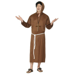 Medieval monk costume for adults, below the knee brown robe with hood and belt.