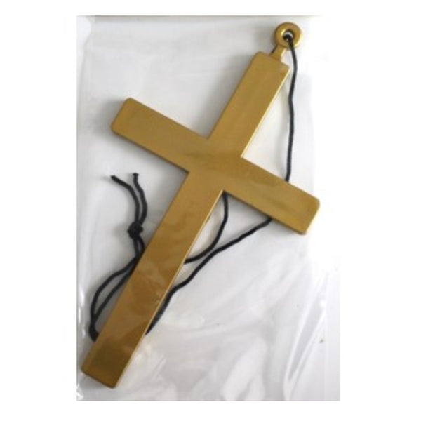 Monk cross in gold plastic with black cord.